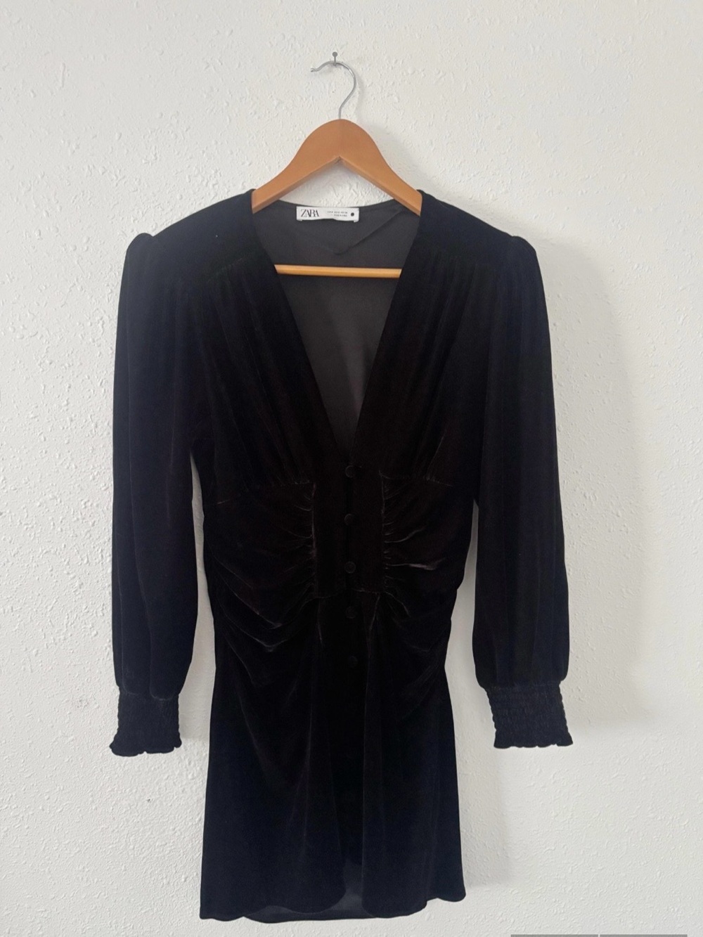 Zara Black Velvet V-Neck Ruched Mini Dress